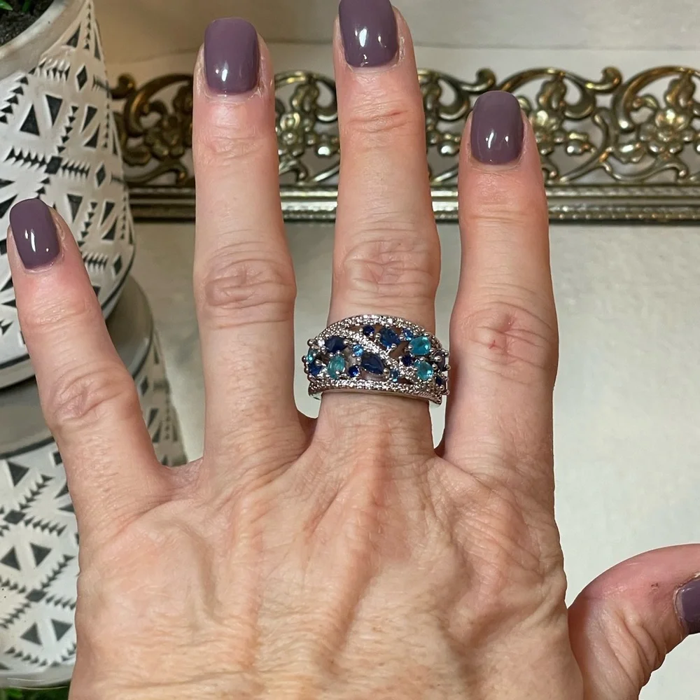 NEW Silvertone & Lab-Created Blue Topaz and Sapphire Multilayer Ring | Sz 6
